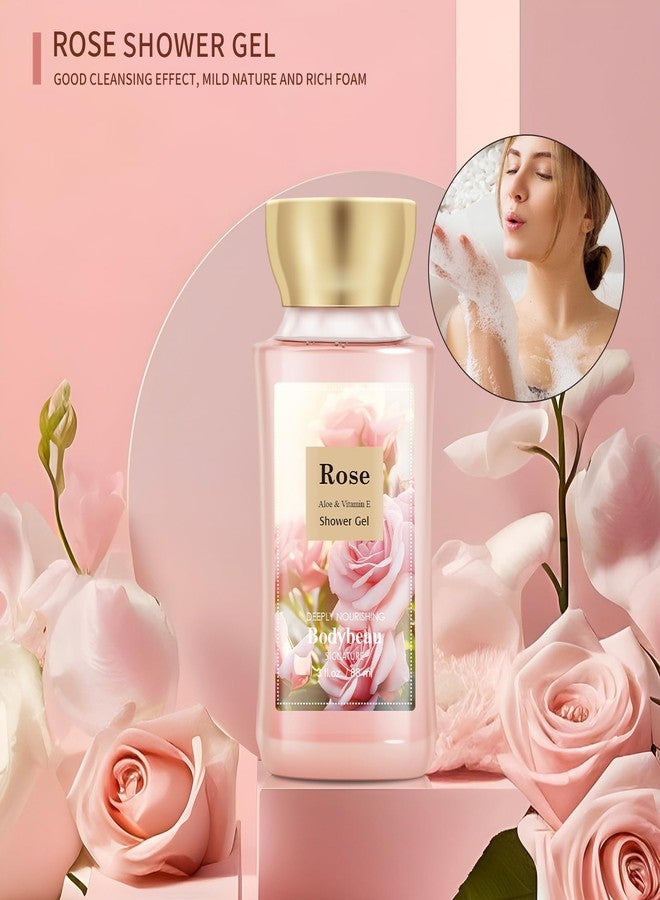Bodybeau مجموعة هدايا للعناية بالجسم للنساء والفتيات، برائحة الورد، 4 قطع: جل استحمام، لوشن للجسم، معطر للجسم، مقشر للجسم، مجموعة سفر شخصية محمولة للعناية بالجسم - Image 3